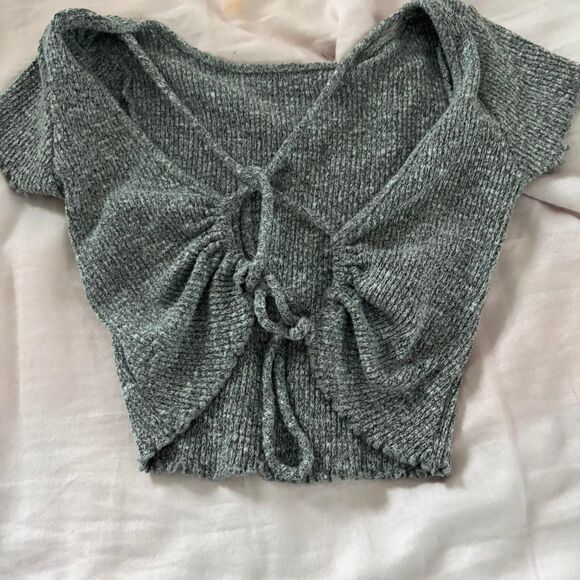 H&M Women's Grey Crop-top Open Tie Back Ribbed Layering Blouse - Picture 2 of 2